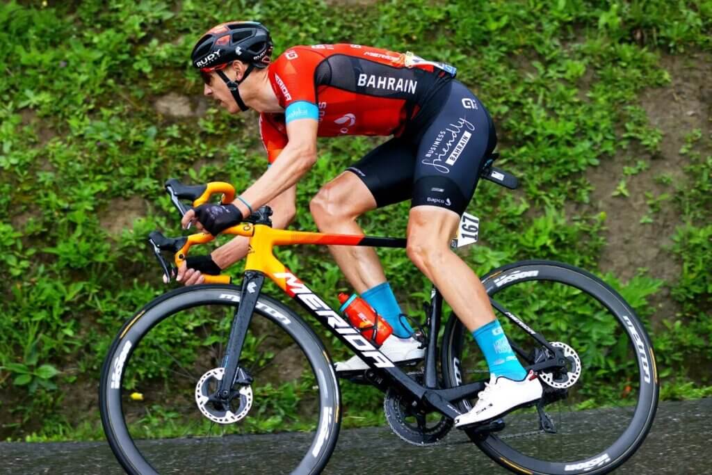 Dylan Teuns of Bahrain Victorious riding a smart new Merida on stage 8. - Tim de Waele / Getty Images
